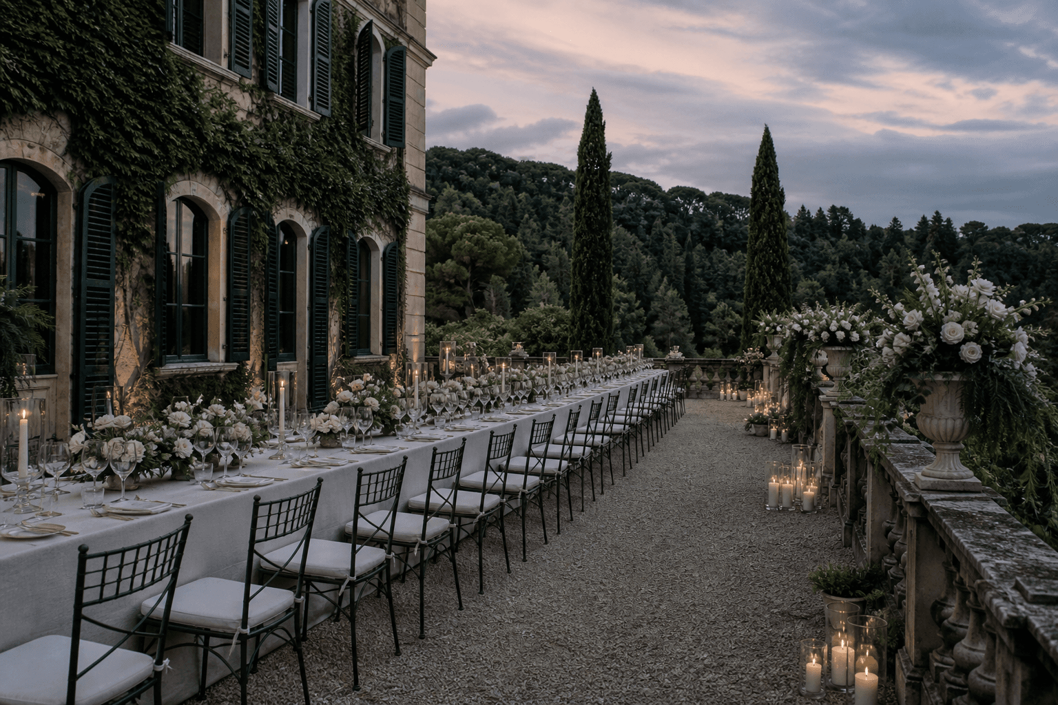 Villa terasz megterített asztallal alkonyatkor